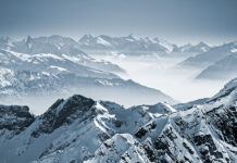 Snowy mountains in the Swiss Alps. View from Mount Titlis, Switzerland.